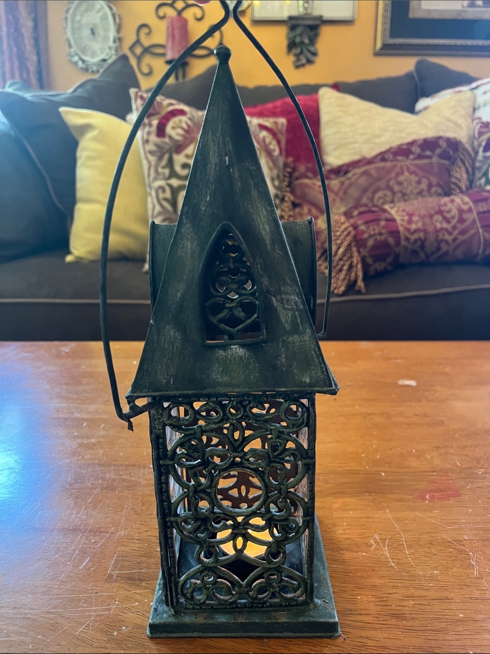 Decorative Green Metal and Glass Cathedral Style 12”H Lantern Filigree Detailing - Picture 11 of 15